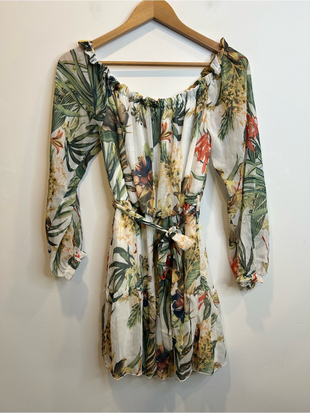 Forever 21 Off the Shoulder Tropical Print Long Sleeve Mini Dress